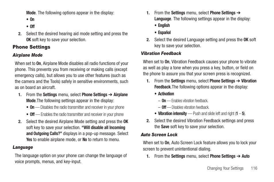 Phone settings, Airplane mode, Language | Vibration feedback, Auto screen lock | Sharp SCH-R850 User Manual | Page 119 / 162