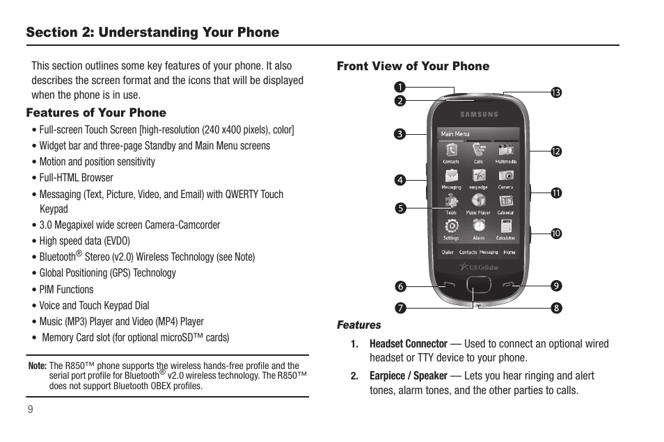 Section 2: understanding your phone, Features of your phone, Front view of your phone | Features, Features of your phone front view of your phone | Sharp SCH-R850 User Manual | Page 12 / 162