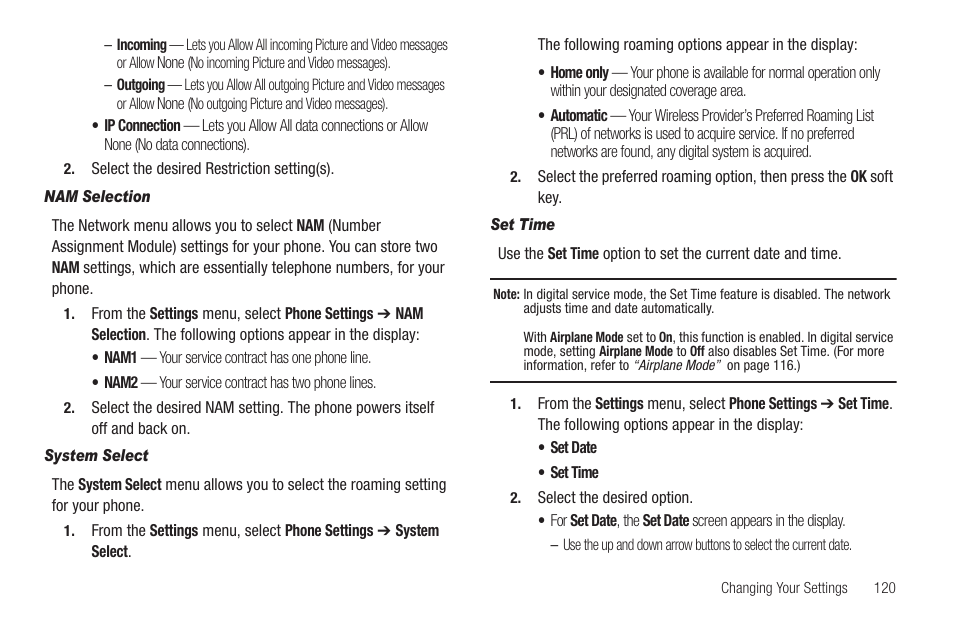 Nam selection, System select, Set time | Sharp SCH-R850 User Manual | Page 123 / 162