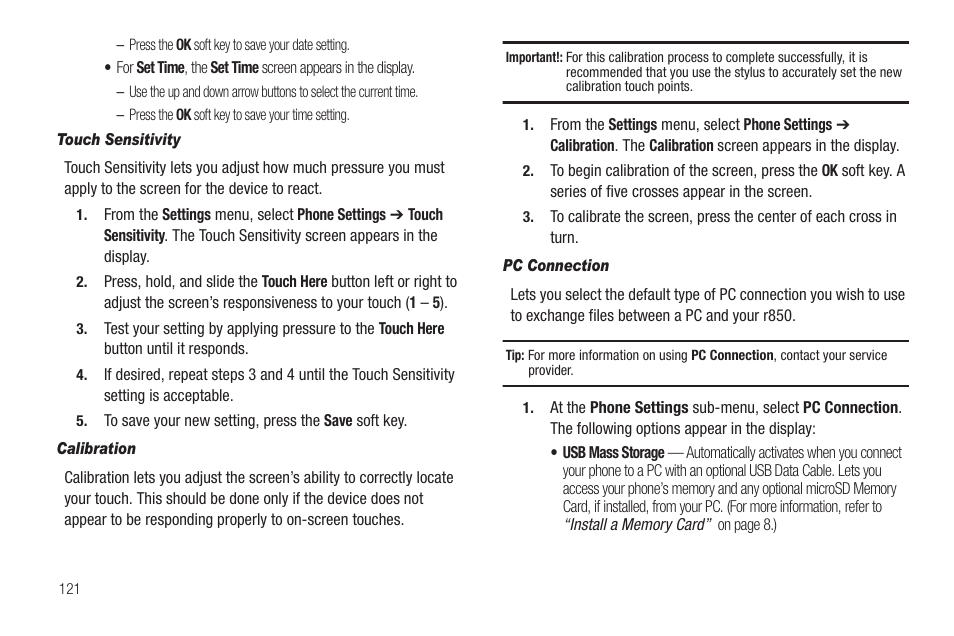 Touch sensitivity, Calibration, Pc connection | Sharp SCH-R850 User Manual | Page 124 / 162