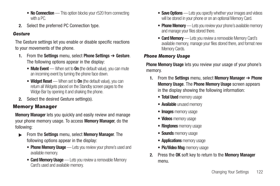 Gesture, Memory manager, Phone memory usage | Sharp SCH-R850 User Manual | Page 125 / 162