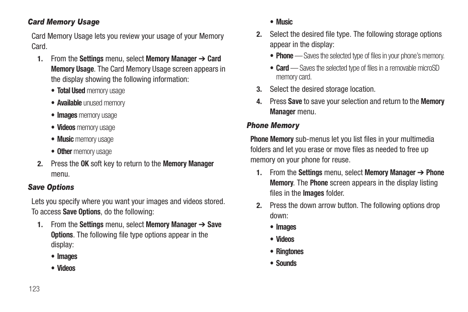 Card memory usage, Save options, Phone memory | Sharp SCH-R850 User Manual | Page 126 / 162