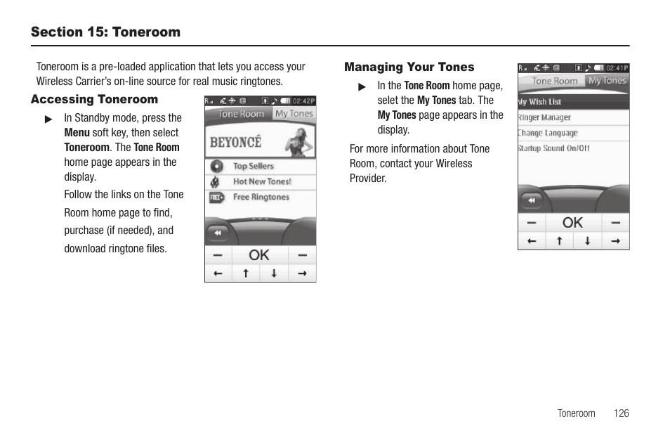 Section 15: toneroom, Accessing toneroom, Managing your tones | Accessing toneroom managing your tones | Sharp SCH-R850 User Manual | Page 129 / 162