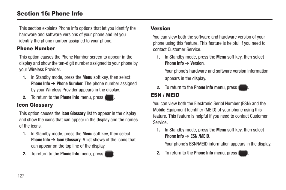 Section 16: phone info, Phone number, Icon glossary | Version, Esn / meid, Phone number icon glossary version esn / meid | Sharp SCH-R850 User Manual | Page 130 / 162