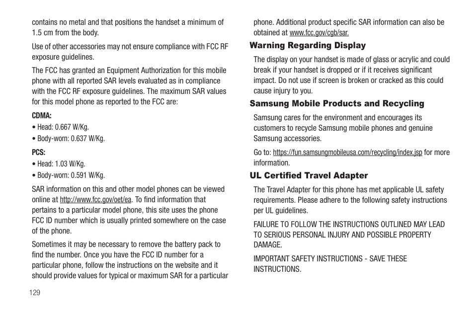 Warning regarding display, Samsung mobile products and recycling, Ul certified travel adapter | Sharp SCH-R850 User Manual | Page 132 / 162