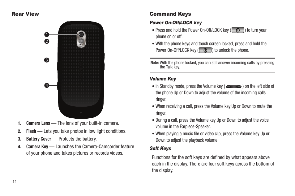 Rear view, Command keys, Power on-off/lock key | Volume key, Soft keys, Rear view command keys | Sharp SCH-R850 User Manual | Page 14 / 162