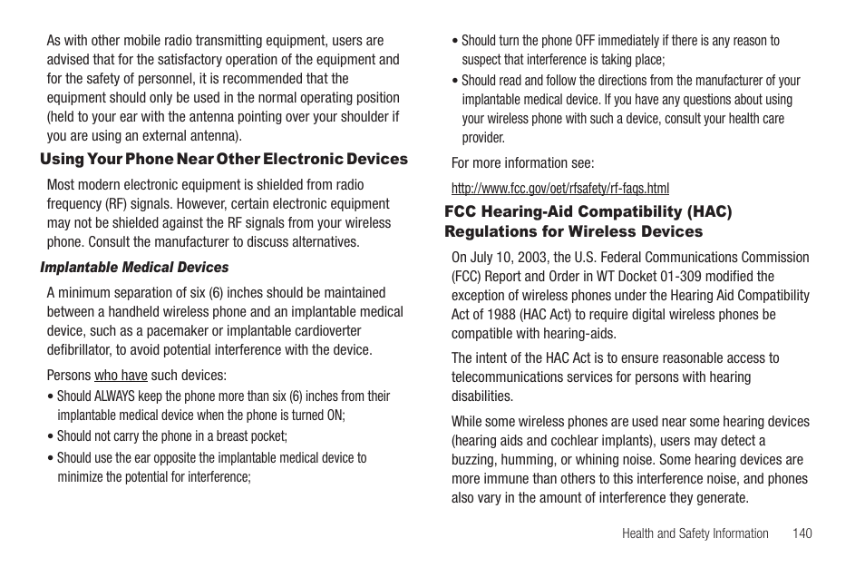 Using your phone near other electronic devices, Implantable medical devices, Wireless devices | Sharp SCH-R850 User Manual | Page 143 / 162
