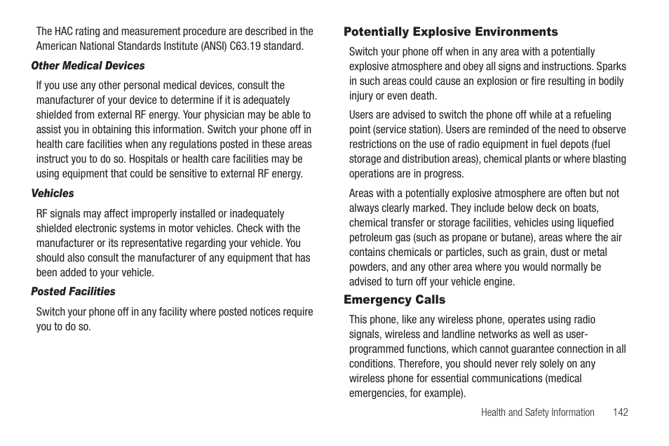Other medical devices, Vehicles, Posted facilities | Potentially explosive environments, Emergency calls, Potentially explosive environments emergency calls | Sharp SCH-R850 User Manual | Page 145 / 162