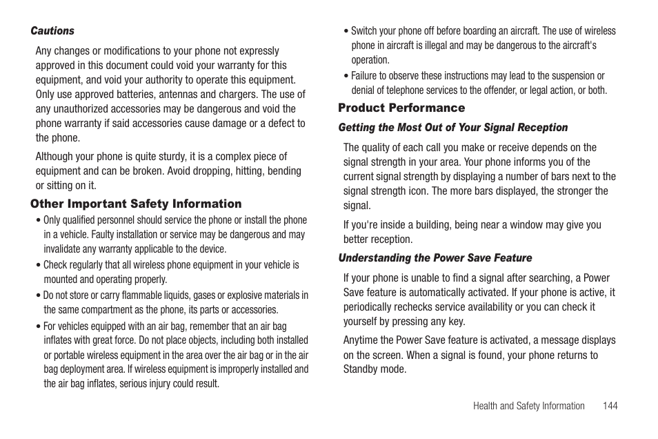 Cautions, Other important safety information, Product performance | Getting the most out of your signal reception, Understanding the power save feature | Sharp SCH-R850 User Manual | Page 147 / 162