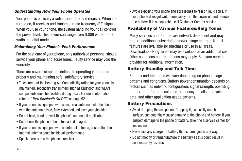 Understanding how your phone operates, Maintaining your phone's peak performance, Availability of various features/ring tones | Battery standby and talk time, Battery precautions | Sharp SCH-R850 User Manual | Page 148 / 162