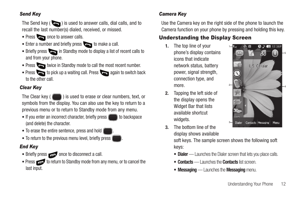 Send key, Clear key, End key | Camera key, Understanding the display screen | Sharp SCH-R850 User Manual | Page 15 / 162