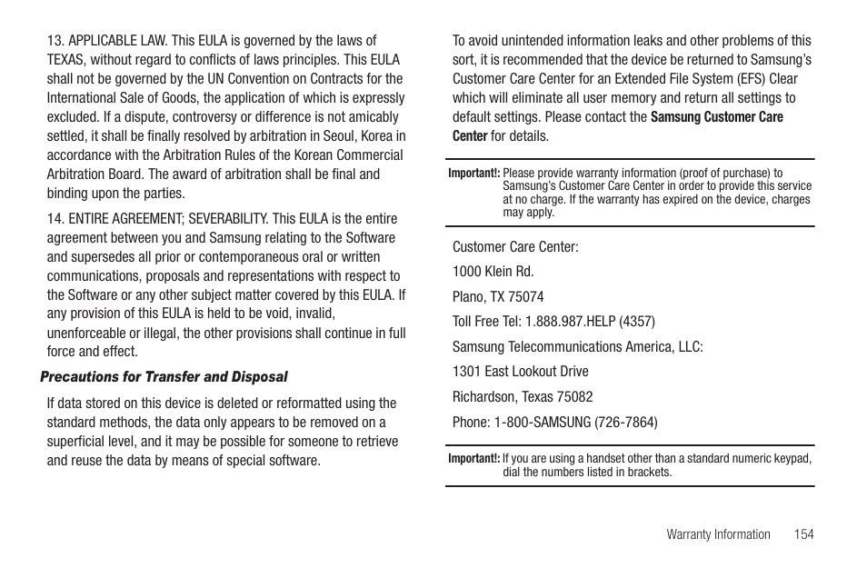 Precautions for transfer and disposal | Sharp SCH-R850 User Manual | Page 157 / 162