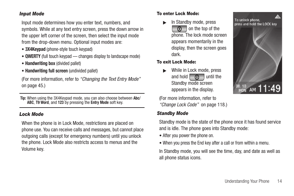 Input mode, Lock mode, To enter lock mode | To exit lock mode, Standby mode | Sharp SCH-R850 User Manual | Page 17 / 162