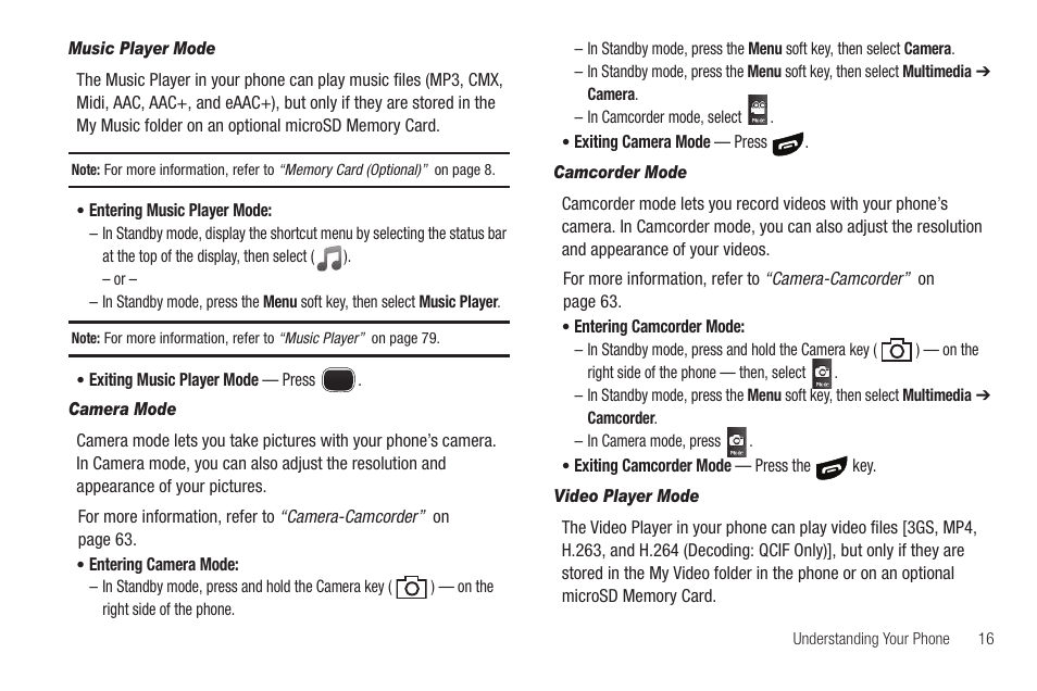 Music player mode, Camera mode, Camcorder mode | Video player mode | Sharp SCH-R850 User Manual | Page 19 / 162