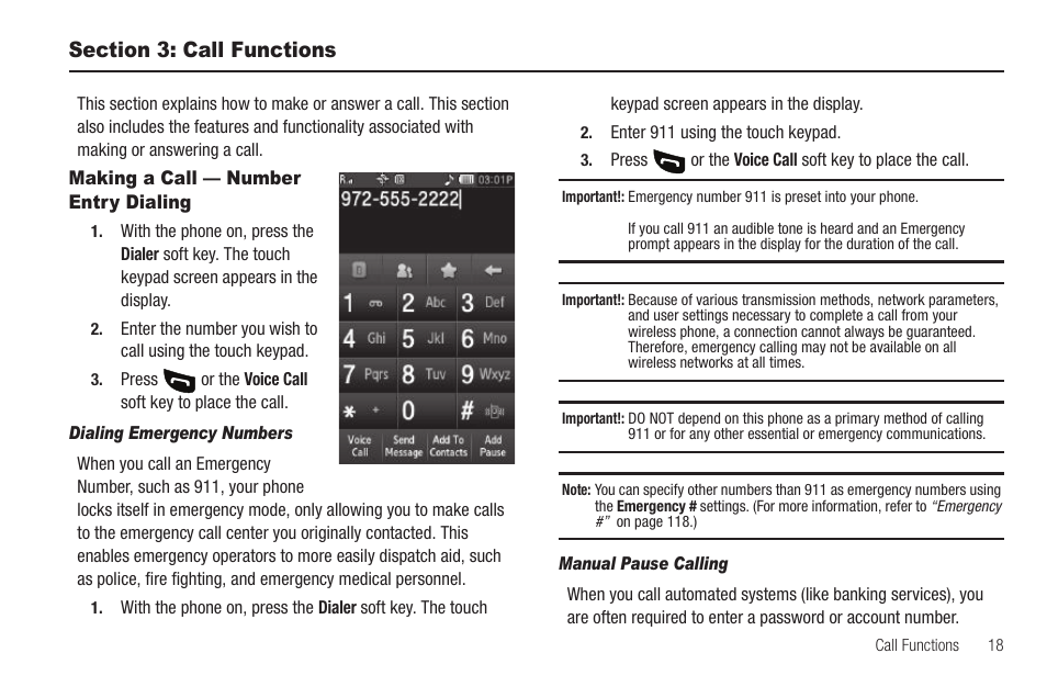 Section 3: call functions, Making a call — number entry dialing, Dialing emergency numbers | Manual pause calling | Sharp SCH-R850 User Manual | Page 21 / 162