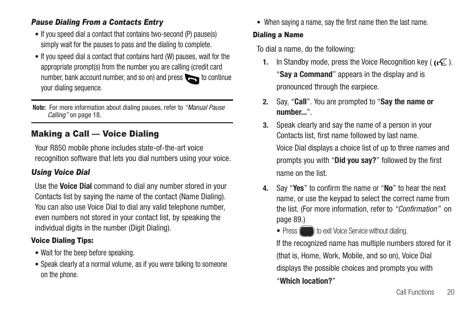 Pause dialing from a contacts entry, Making a call — voice dialing, Using voice dial | Voice dialing tips, Dialing a name | Sharp SCH-R850 User Manual | Page 23 / 162