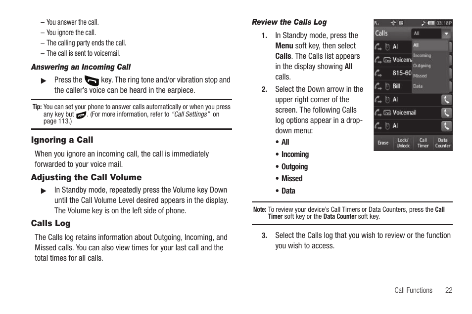 Answering an incoming call, Ignoring a call, Adjusting the call volume | Calls log, Review the calls log | Sharp SCH-R850 User Manual | Page 25 / 162