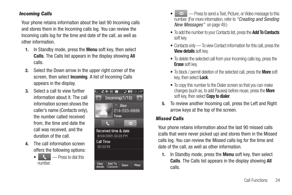 Incoming calls, Missed calls | Sharp SCH-R850 User Manual | Page 27 / 162