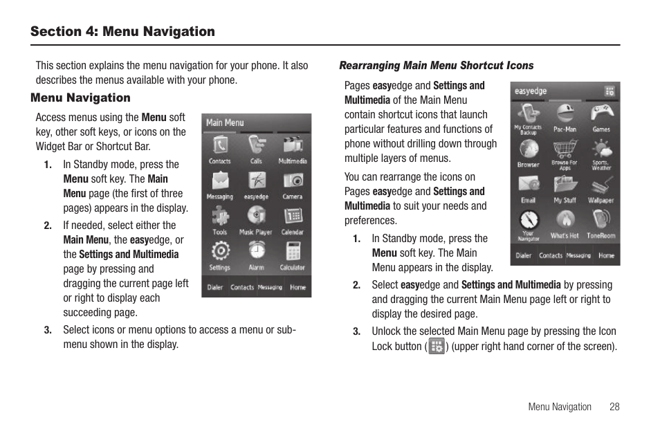 Section 4: menu navigation, Menu navigation, Rearranging main menu shortcut icons | Sharp SCH-R850 User Manual | Page 31 / 162