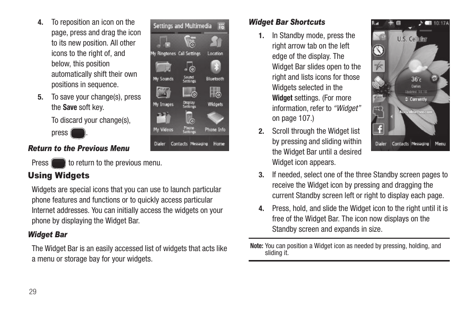 Return to the previous menu, Using widgets, Widget bar | Widget bar shortcuts | Sharp SCH-R850 User Manual | Page 32 / 162