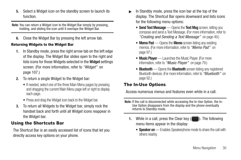 Returning widgets to the widget bar, Using the shortcuts bar, The in-use options | Using the shortcuts bar the in-use options | Sharp SCH-R850 User Manual | Page 33 / 162