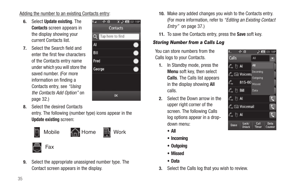 Storing number from a calls log | Sharp SCH-R850 User Manual | Page 38 / 162