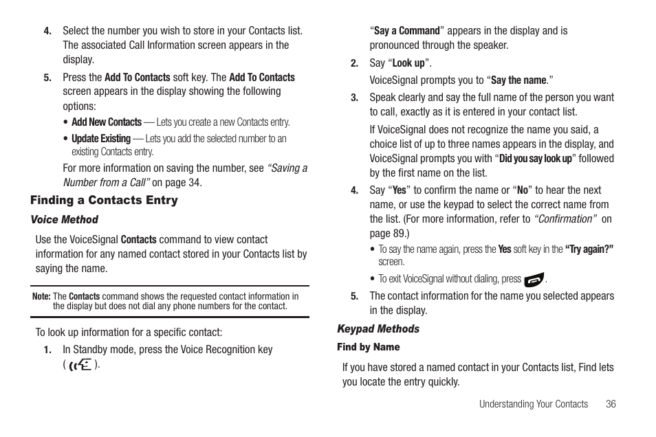 Finding a contacts entry, Voice method, Keypad methods | Find by name | Sharp SCH-R850 User Manual | Page 39 / 162