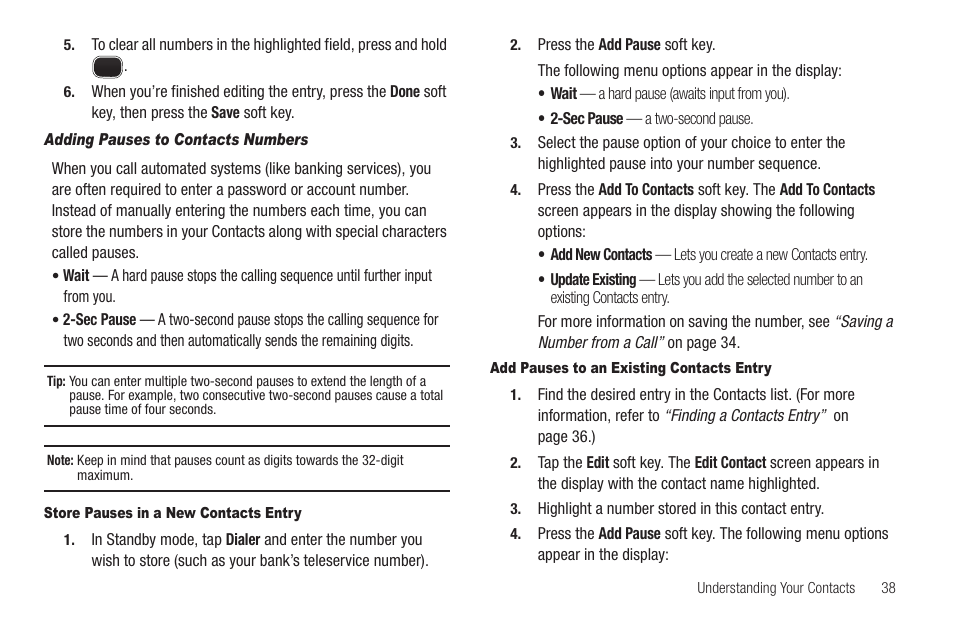 Adding pauses to contacts numbers, Store pauses in a new contacts entry, Add pauses to an existing contacts entry | Sharp SCH-R850 User Manual | Page 41 / 162