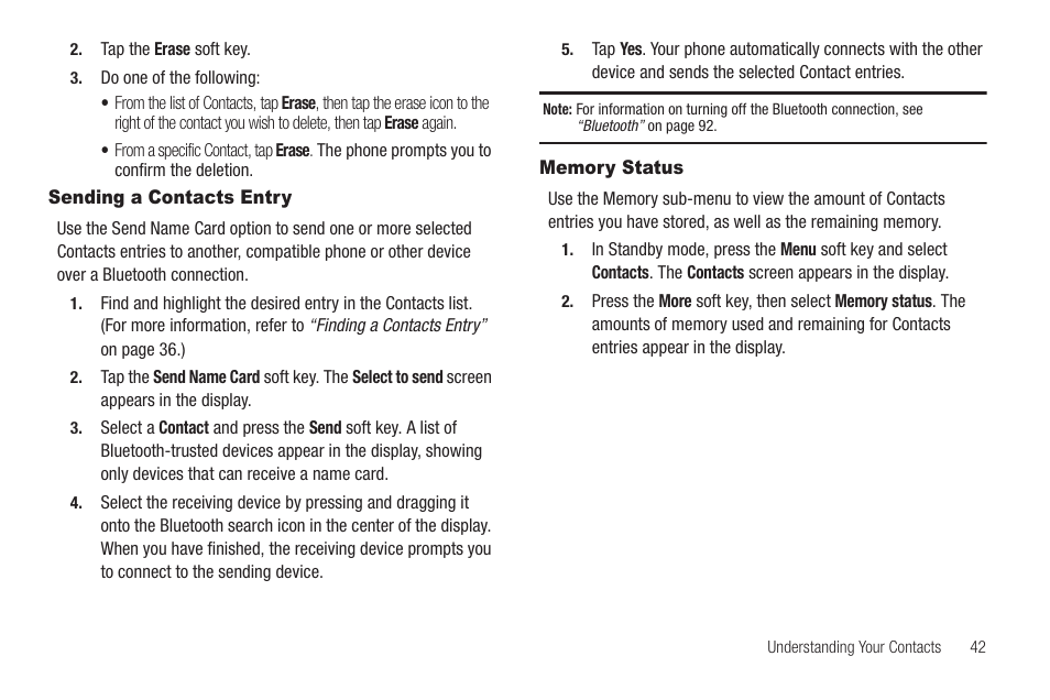 Sending a contacts entry, Memory status, Sending a contacts entry memory status | Sharp SCH-R850 User Manual | Page 45 / 162