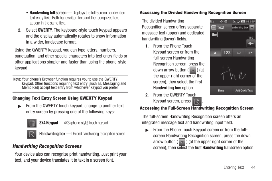 Changing text entry screen using qwerty keypad, Handwriting recognition screens | Sharp SCH-R850 User Manual | Page 47 / 162