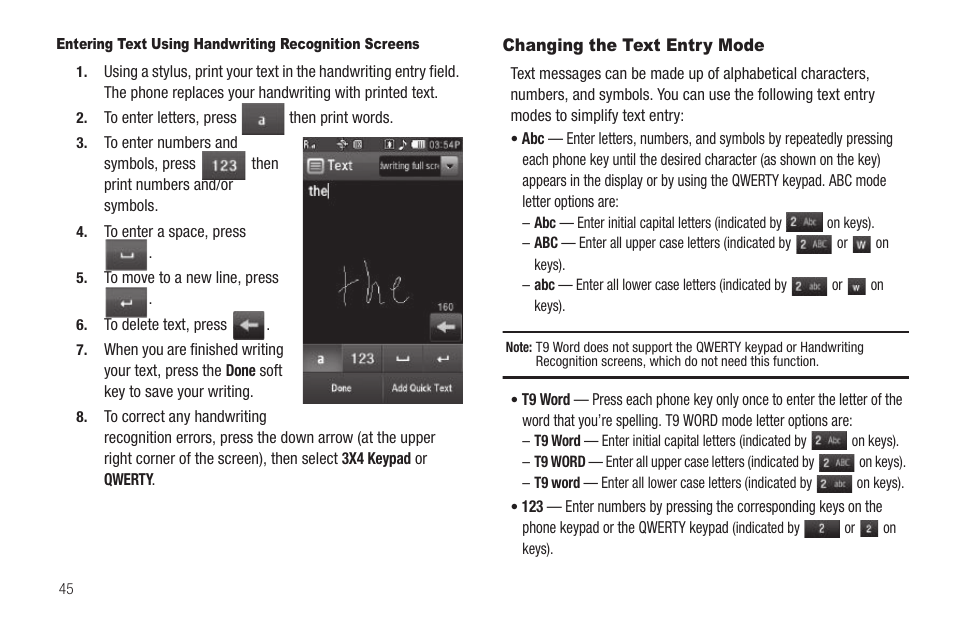 Changing the text entry mode | Sharp SCH-R850 User Manual | Page 48 / 162