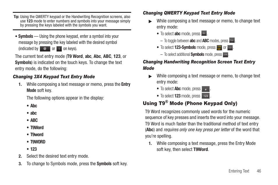 Changing 3x4 keypad text entry mode, Changing qwerty keypad text entry mode, Using t9® mode (phone keypad only) | Using t9 | Sharp SCH-R850 User Manual | Page 49 / 162