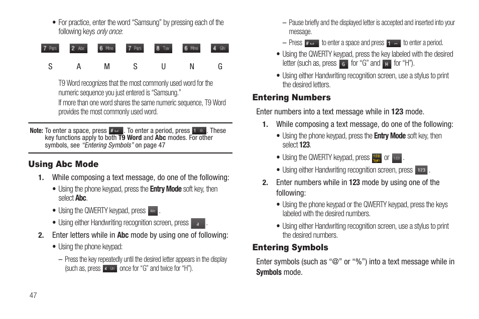 Using abc mode, Entering numbers, Entering symbols | Using abc mode entering numbers entering symbols | Sharp SCH-R850 User Manual | Page 50 / 162