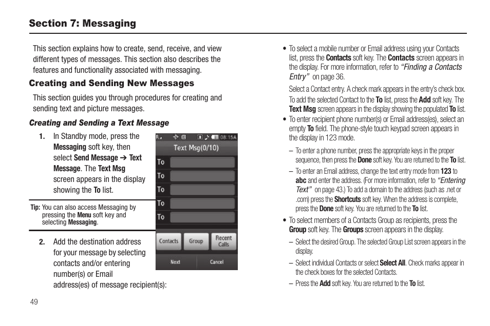 Section 7: messaging, Creating and sending new messages, Creating and sending a text message | Sharp SCH-R850 User Manual | Page 52 / 162