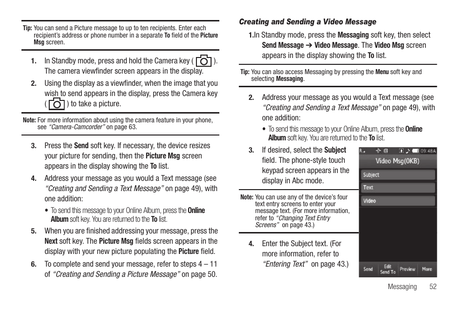 Creating and sending a video message | Sharp SCH-R850 User Manual | Page 55 / 162