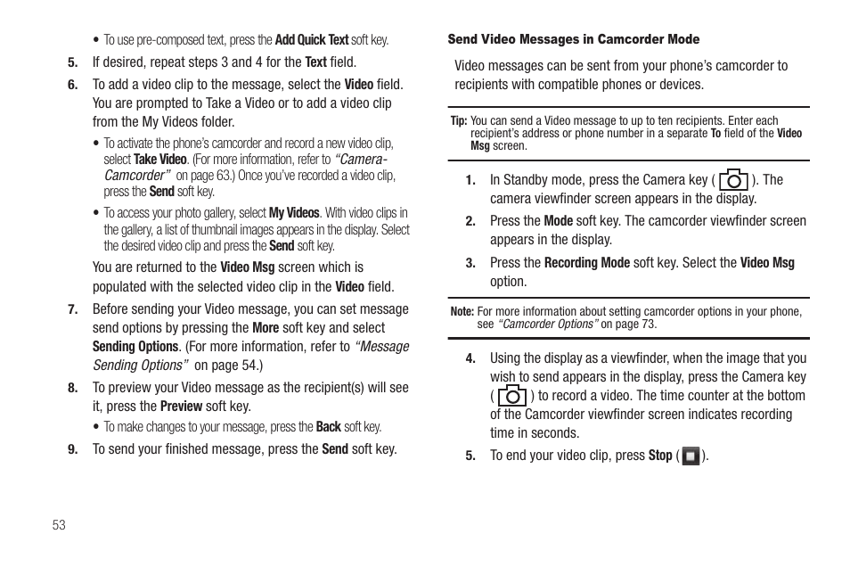 Send video messages in camcorder mode | Sharp SCH-R850 User Manual | Page 56 / 162