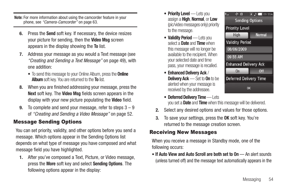Message sending options, Receiving new messages, Message sending options receiving new messages | Sharp SCH-R850 User Manual | Page 57 / 162