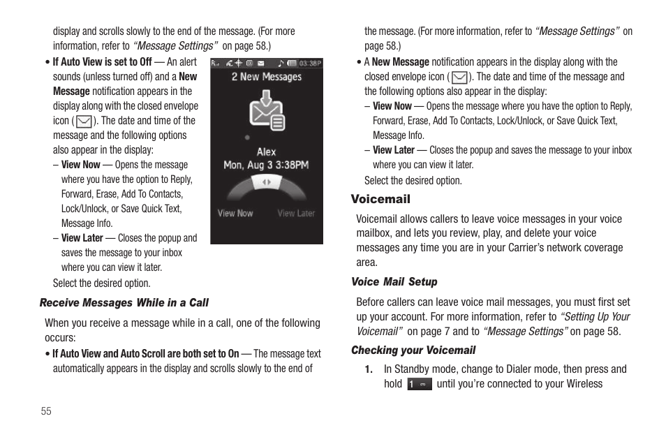 Receive messages while in a call, Voicemail, Voice mail setup | Checking your voicemail | Sharp SCH-R850 User Manual | Page 58 / 162