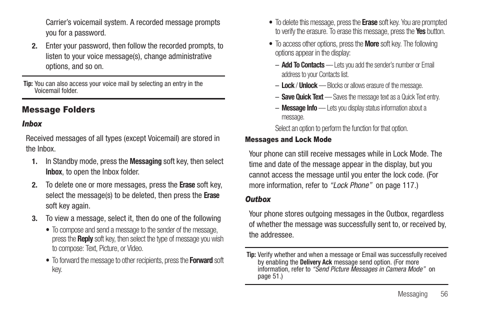 Message folders, Inbox, Messages and lock mode | Outbox | Sharp SCH-R850 User Manual | Page 59 / 162