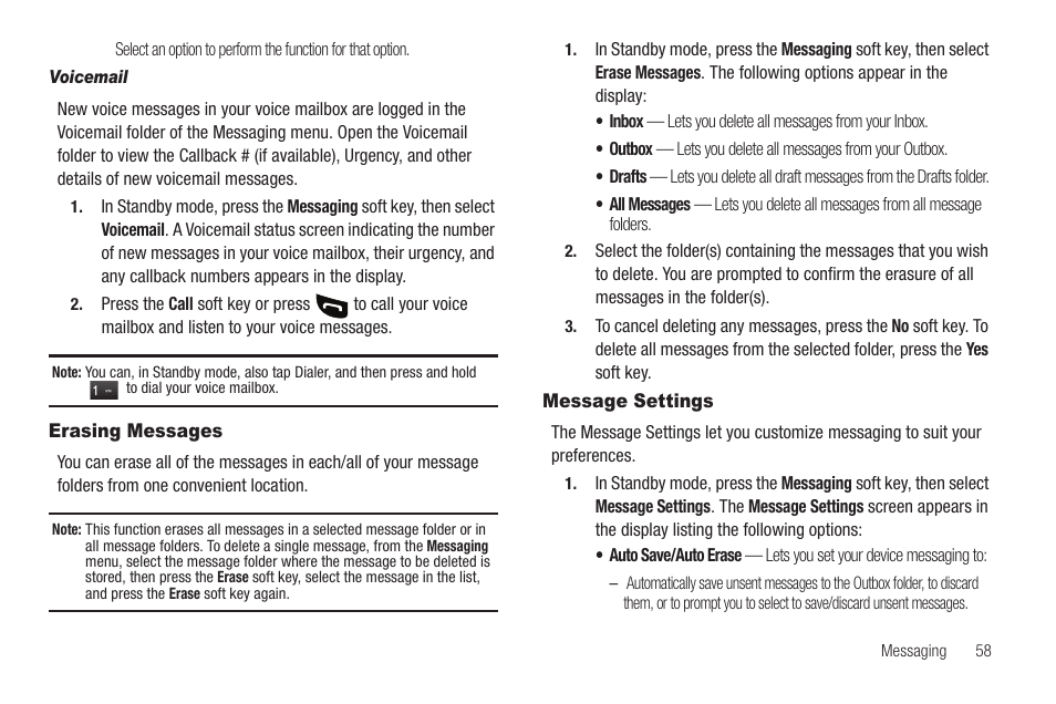 Voicemail, Erasing messages, Message settings | Erasing messages message settings | Sharp SCH-R850 User Manual | Page 61 / 162