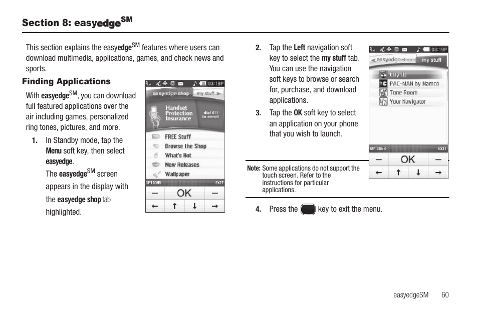 Section 8: easyedgesm, Finding applications, Ction 8: easy | Sharp SCH-R850 User Manual | Page 63 / 162