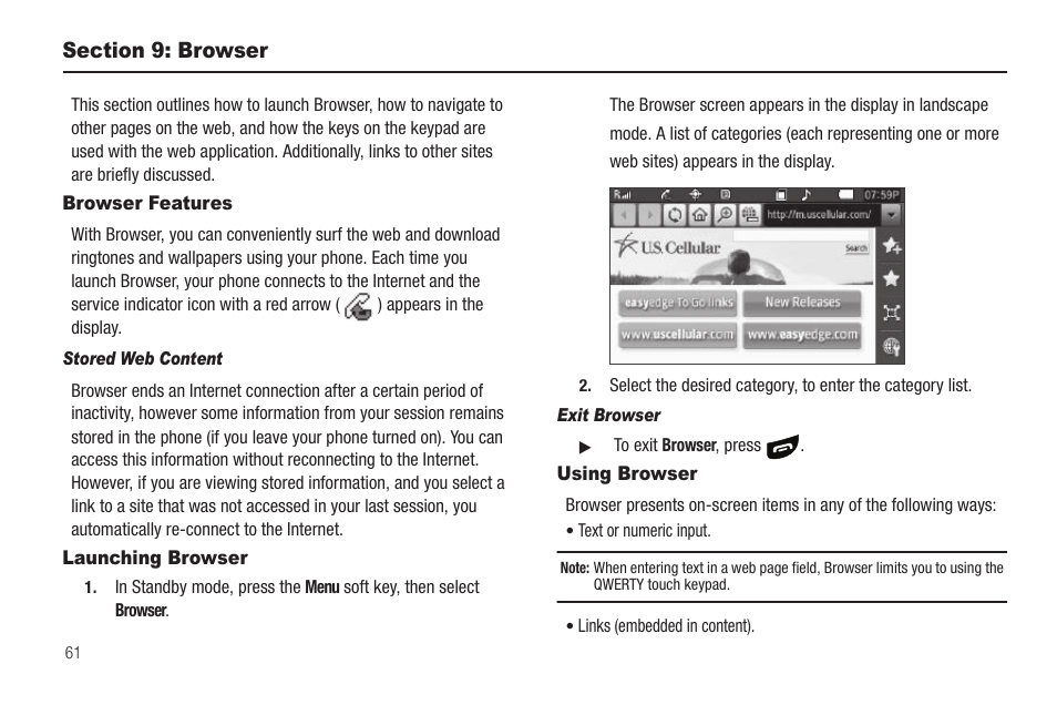 Section 9: browser, Browser features, Stored web content | Launching browser, Exit browser, Using browser, Browser features launching browser using browser | Sharp SCH-R850 User Manual | Page 64 / 162