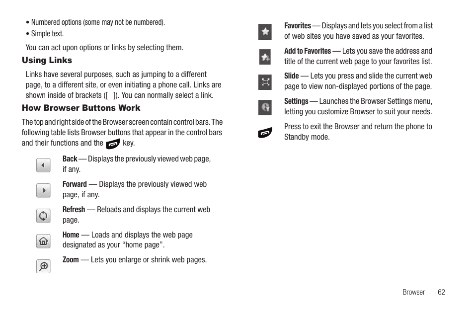 Using links, How browser buttons work, Using links how browser buttons work | Sharp SCH-R850 User Manual | Page 65 / 162