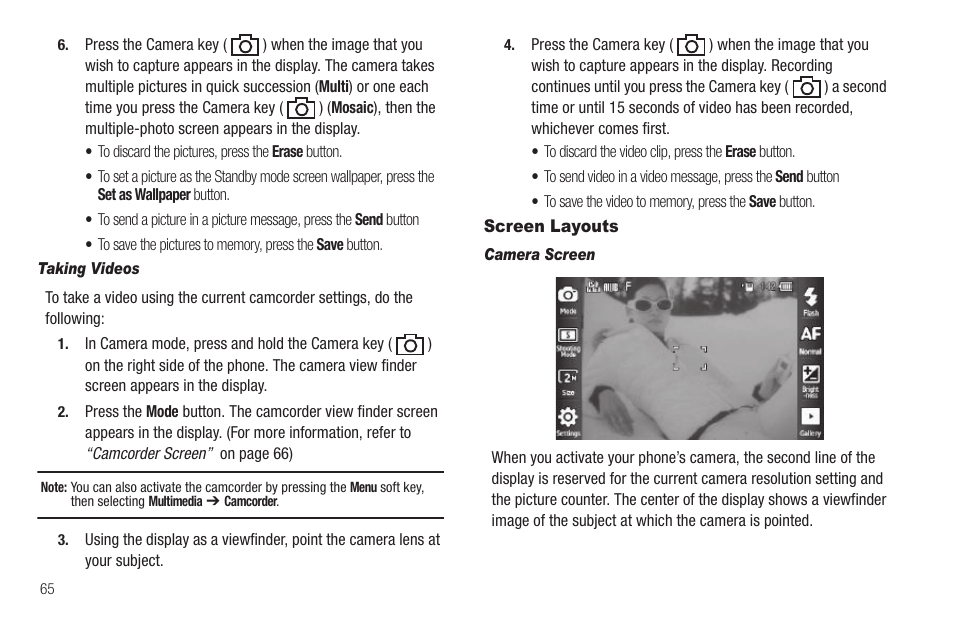 Taking videos, Screen layouts, Camera screen | Sharp SCH-R850 User Manual | Page 68 / 162