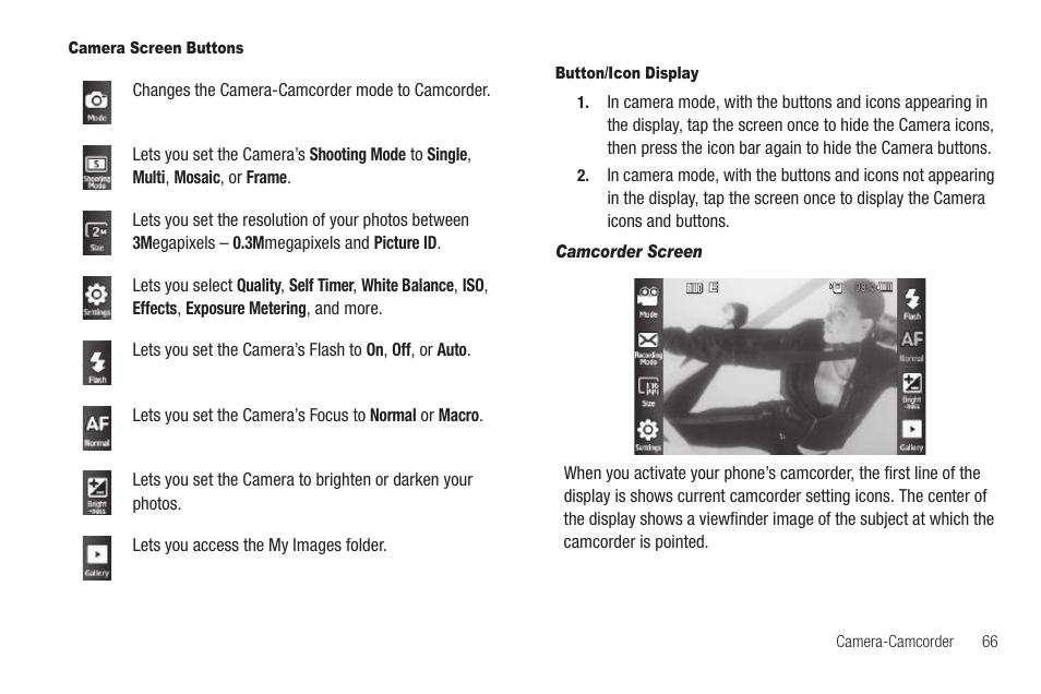 Camera screen buttons, Button/icon display, Camcorder screen | Sharp SCH-R850 User Manual | Page 69 / 162