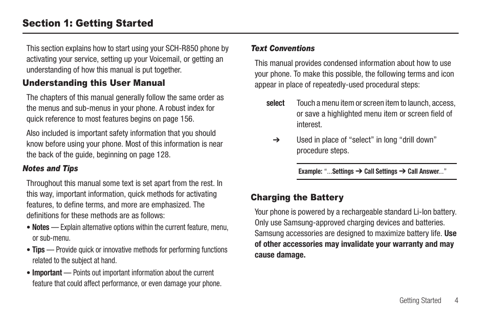 Section 1: getting started, Understanding this user manual, Notes and tips | Text conventions, Charging the battery | Sharp SCH-R850 User Manual | Page 7 / 162
