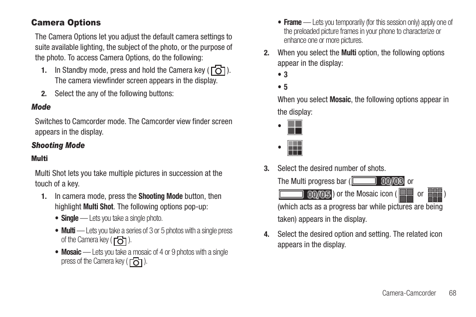 Camera options, Mode, Shooting mode | Multi | Sharp SCH-R850 User Manual | Page 71 / 162