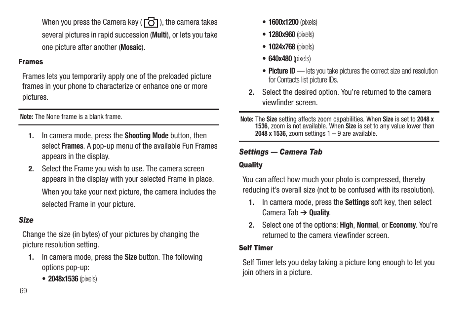 Frames, Size, Settings — camera tab | Quality, Self timer | Sharp SCH-R850 User Manual | Page 72 / 162