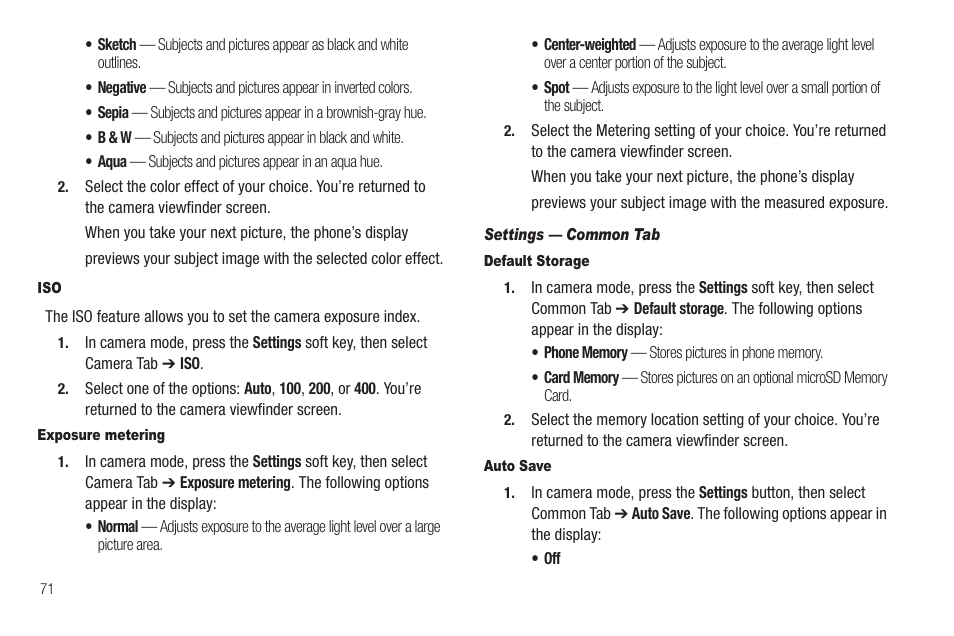 Exposure metering, Settings — common tab, Default storage | Auto save | Sharp SCH-R850 User Manual | Page 74 / 162