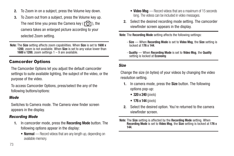 Camcorder options, Mode, Recording mode | Size | Sharp SCH-R850 User Manual | Page 76 / 162